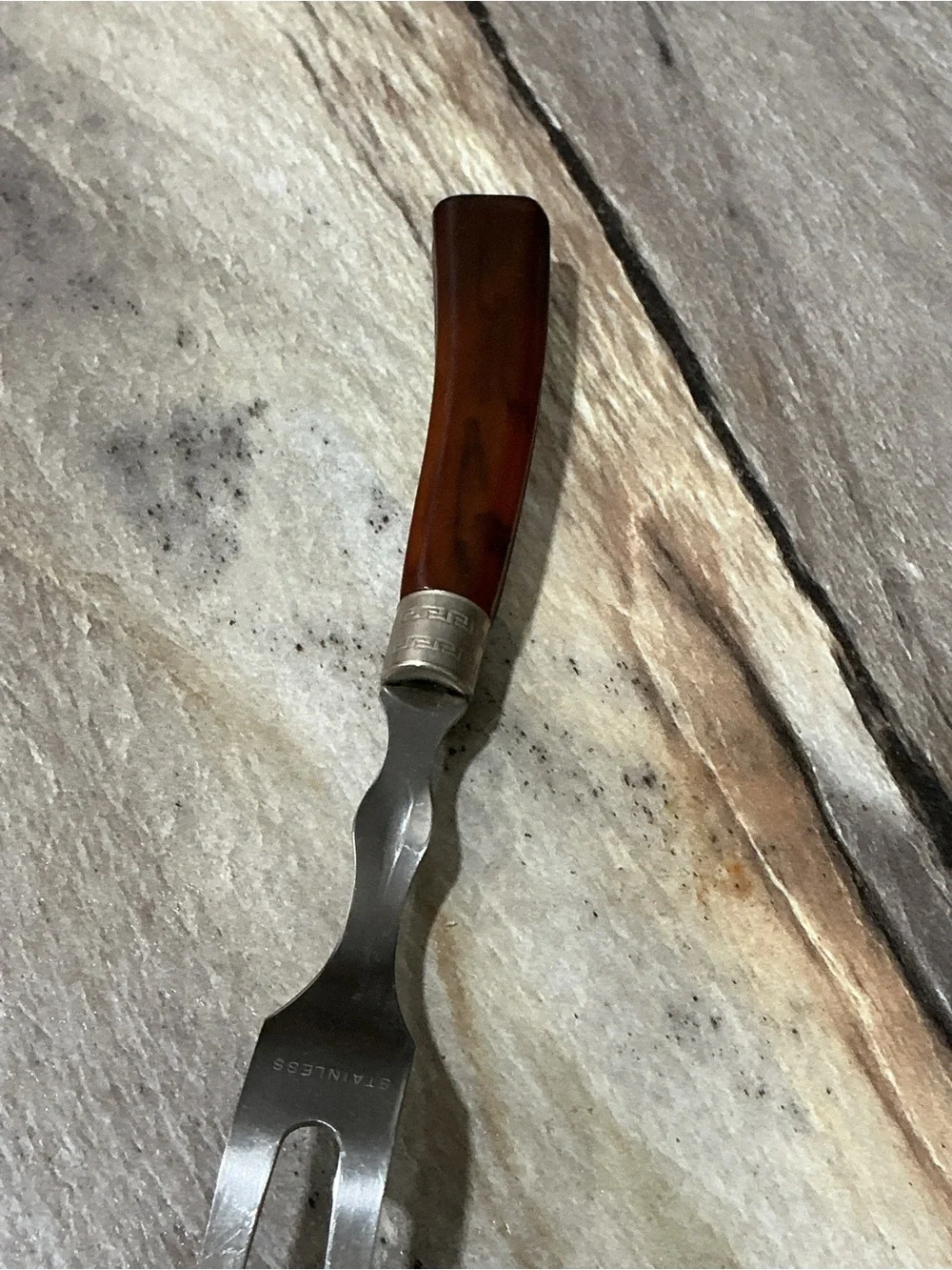 Vintage Brown Bakelite Handle Stainless Steel 2 Tine Meat Carving Fork 10” MCM